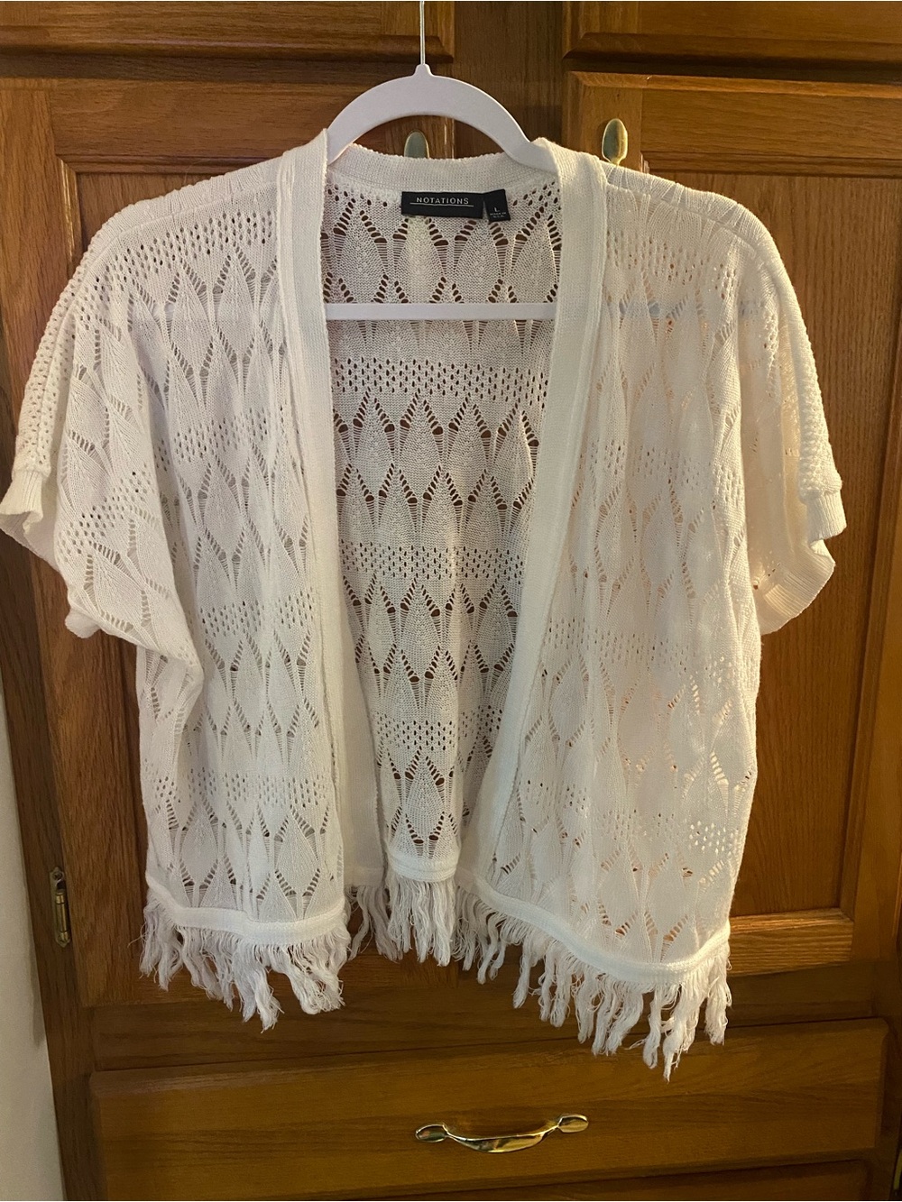 Notations Ivory Open-Knit Fringe Short-Sleeve Cardigan